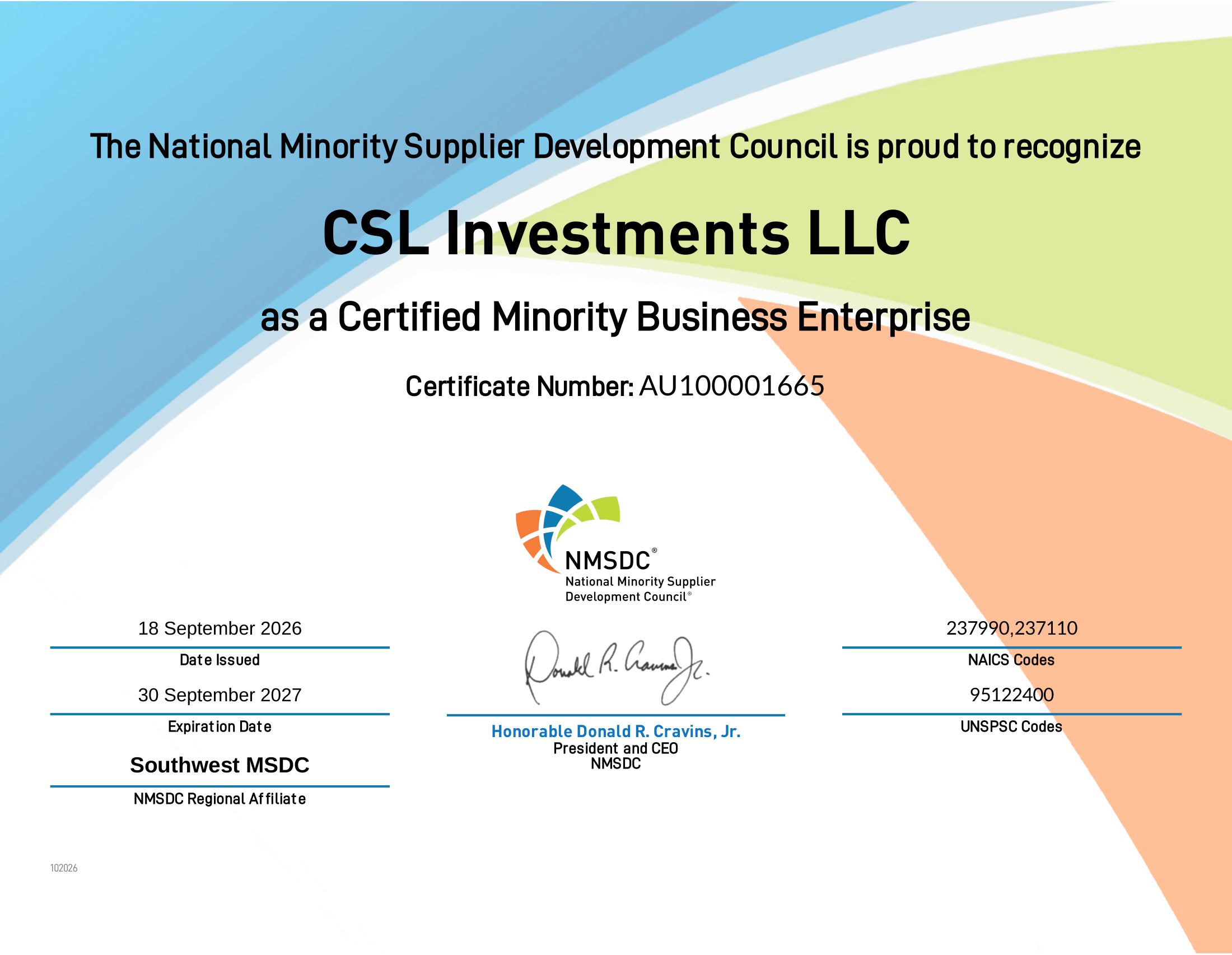 Original NMSDC MBE certificate for CSL Investments LLC, certificate AU100001665, issued September 18, 2026 and expiring September 30, 2027