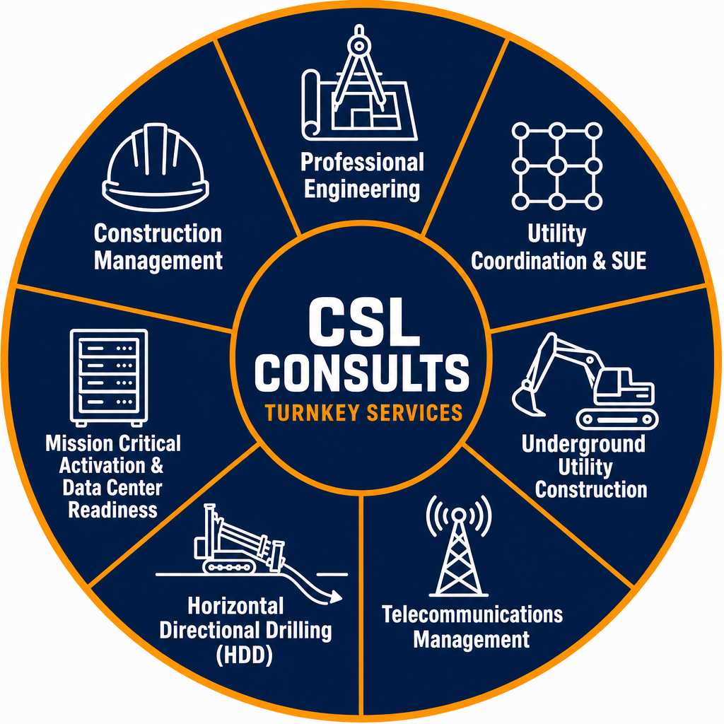 CSL Consults turnkey services wheel: professional engineering, utility coordination & SUE, underground utility construction, telecommunications management, HDD, mission critical activation & data center readiness, construction management